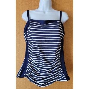 Lands End 16 Blue Striped Swim Bandeau Tankini Top Solid Removable Straps S19